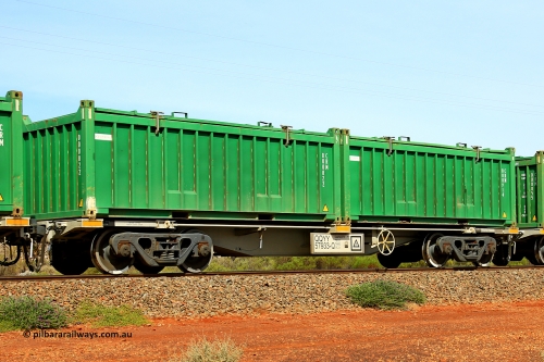 231020 8153
Parkeston, QQYY type 40' container waggon QQYY 57933 one of five hundred ordered by Aurizon and built by CRRC Yangtze Group of China in 2022. In service with two loaded 20' half height hard top 'rotainers' lettered CRM, for Cristal Mining before they were absorbed into Tronox, CRM 000914 with Cristal decal and CRM 000822 with Cristal decal, on Aurizon's Tronox mineral sands train 4UP1 from Ivanhoe / Broken Hill (NSW) to Kwinana (WA). 20th of October 2023.
Keywords: QQYY-type;QQYY57933;CRRC-Yangtze-Group-China;