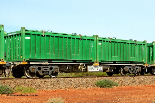 231020 8154
Parkeston, QQYY type 40' container waggon QQYY 57727 one of five hundred ordered by Aurizon and built by CRRC Yangtze Group of China in 2022. In service with two loaded 20' half height hard top 'rotainers' lettered CRM, for Cristal Mining before they were absorbed into Tronox, CRM 001534 with Cristal decal and CRM 001149 with Cristal decal, on Aurizon's Tronox mineral sands train 4UP1 from Ivanhoe / Broken Hill (NSW) to Kwinana (WA). 20th of October 2023.
Keywords: QQYY-type;QQYY57727;CRRC-Yangtze-Group-China;