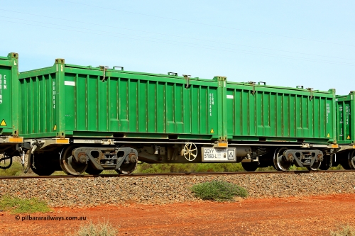231020 8155
Parkeston, QQYY type 40' container waggon QQYY 57893 one of five hundred ordered by Aurizon and built by CRRC Yangtze Group of China in 2022. In service with two loaded 20' half height hard top 'rotainers' lettered CRM, for Cristal Mining before they were absorbed into Tronox, CRM 000823 with Cristal decal and CRM 000804 with Cristal decal, on Aurizon's Tronox mineral sands train 4UP1 from Ivanhoe / Broken Hill (NSW) to Kwinana (WA). 20th of October 2023.
Keywords: QQYY-type;QQYY57893;CRRC-Yangtze-Group-China;