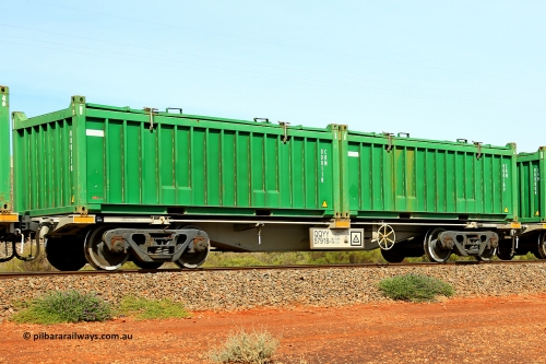 231020 8156
Parkeston, QQYY type 40' container waggon QQYY 57918 one of five hundred ordered by Aurizon and built by CRRC Yangtze Group of China in 2022. In service with two loaded 20' half height hard top 'rotainers' lettered CRM, for Cristal Mining before they were absorbed into Tronox, CRM 000189 with Cristal decal and CRM 000118 with Cristal decal, on Aurizon's Tronox mineral sands train 4UP1 from Ivanhoe / Broken Hill (NSW) to Kwinana (WA). October 20, 2023.
Keywords: QQYY-type;QQYY57918;CRRC-Yangtze-Group-China;