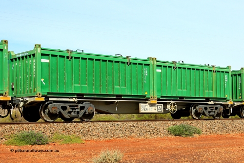 231020 8157
Parkeston, QQYY type 40' container waggon QQYY 57906 one of five hundred ordered by Aurizon and built by CRRC Yangtze Group of China in 2022. In service with two loaded 20' half height hard top 'rotainers' lettered CRM, for Cristal Mining before they were absorbed into Tronox, CRM 000481 with Cristal decal and CRM 000479 with Cristal decal, on Aurizon's Tronox mineral sands train 4UP1 from Ivanhoe / Broken Hill (NSW) to Kwinana (WA). October 20, 2023.
Keywords: QQYY-type;QQYY57906;CRRC-Yangtze-Group-China;