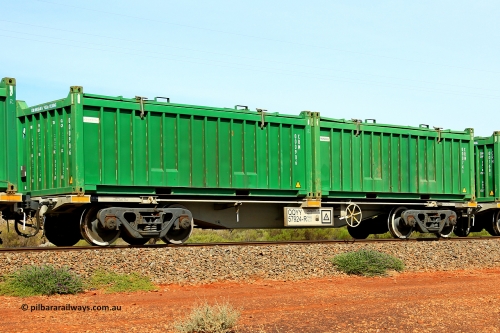 231020 8159
Parkeston, QQYY type 40' container waggon QQYY 57924 one of five hundred ordered by Aurizon and built by CRRC Yangtze Group of China in 2022. In service with two loaded 20' half height hard top 'rotainers' lettered CRM, for Cristal Mining before they were absorbed into Tronox, CRM 000741 with Tronox decal and CRM 000906 with Cristal decal, on Aurizon's Tronox mineral sands train 4UP1 from Ivanhoe / Broken Hill (NSW) to Kwinana (WA). 20th of October 2023.
Keywords: QQYY-type;QQYY57924;CRRC-Yangtze-Group-China;