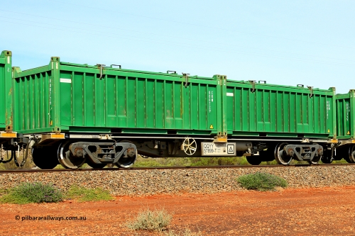 231020 8161
Parkeston, QQYY type 40' container waggon QQYY 57899 one of five hundred ordered by Aurizon and built by CRRC Yangtze Group of China in 2022. In service with two loaded 20' half height hard top 'rotainers' lettered CRM, for Cristal Mining before they were absorbed into Tronox, CRM 000261 with Cristal decal and CRM 000729 with Cristal decal, on Aurizon's Tronox mineral sands train 4UP1 from Ivanhoe / Broken Hill (NSW) to Kwinana (WA). October 20, 2023.
Keywords: QQYY-type;QQYY57899;CRRC-Yangtze-Group-China;