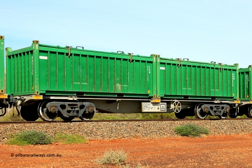 231020 8164
Parkeston, QQYY type 40' container waggon QQYY 57737 one of five hundred ordered by Aurizon and built by CRRC Yangtze Group of China in 2022. In service with two loaded 20' half height hard top 'rotainers' lettered CRM, for Cristal Mining before they were absorbed into Tronox, CRM 00098 with Tronox decal and CRM 001135 with Cristal decal, on Aurizon's Tronox mineral sands train 4UP1 from Ivanhoe / Broken Hill (NSW) to Kwinana (WA). October 20, 2023.
Keywords: QQYY-type;QQYY57737;CRRC-Yangtze-Group-China;