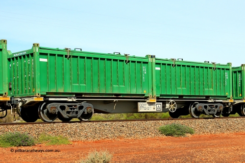 231020 8166
Parkeston, QQYY type 40' container waggon QQYY 57732 one of five hundred ordered by Aurizon and built by CRRC Yangtze Group of China in 2022. In service with two loaded 20' half height hard top 'rotainers' lettered CRM, for Cristal Mining before they were absorbed into Tronox, CRM 001157 with Cristal decal and CRM 001503 with Cristal decal, on Aurizon's Tronox mineral sands train 4UP1 from Ivanhoe / Broken Hill (NSW) to Kwinana (WA). October 20, 2023.
Keywords: QQYY-type;QQYY57732;CRRC-Yangtze-Group-China;