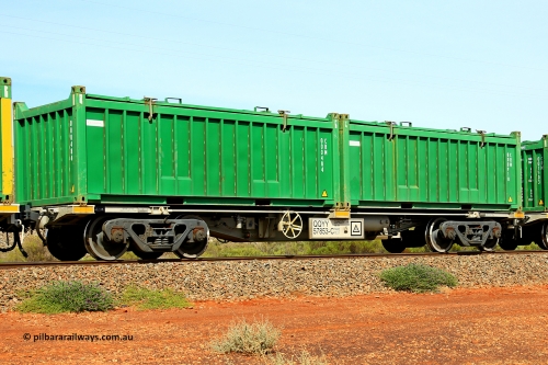 231020 8167
Parkeston, QQYY type 40' container waggon QQYY 57853 one of five hundred ordered by Aurizon and built by CRRC Yangtze Group of China in 2022. In service with two loaded 20' half height hard top 'rotainers' lettered CRM, for Cristal Mining before they were absorbed into Tronox, CRM 000918 with Cristal decal and CRM 000484 with Cristal decal, on Aurizon's Tronox mineral sands train 4UP1 from Ivanhoe / Broken Hill (NSW) to Kwinana (WA). 20th of October 2023.
Keywords: QQYY-type;QQYY57853;CRRC-Yangtze-Group-China;