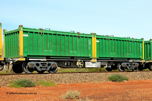 231020 8168
Parkeston, QQYY type 40' container waggon QQYY 57757 one of five hundred ordered by Aurizon and built by CRRC Yangtze Group of China in 2022. In service with two loaded 20' half height hard top 'rotainers' lettered CRM, for Cristal Mining before they were absorbed into Tronox, CRM 001405 with Cristal decal and yellow corner posts and CRM 000740 with Tronox decal and yellow corner posts, on Aurizon's Tronox mineral sands train 4UP1 from Ivanhoe / Broken Hill (NSW) to Kwinana (WA). October 20, 2023.
Keywords: QQYY-type;QQYY57757;CRRC-Yangtze-Group-China;