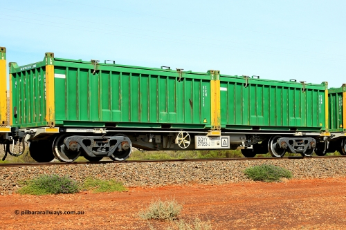 231020 8169
Parkeston, QQYY type 40' container waggon QQYY 57953 one of five hundred ordered by Aurizon and built by CRRC Yangtze Group of China in 2022. In service with two loaded 20' half height hard top 'rotainers' lettered CRM, for Cristal Mining before they were absorbed into Tronox, CRM 000682 with Cristal decal and yellow corner posts and CRM 000639 with Cristal decal and yellow corner posts, on Aurizon's Tronox mineral sands train 4UP1 from Ivanhoe / Broken Hill (NSW) to Kwinana (WA). 20th of October 2023.
Keywords: QQYY-type;QQYY57953;CRRC-Yangtze-Group-China;