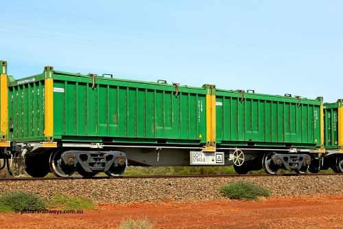 231020 8171
Parkeston, QQYY type 40' container waggon QQYY 57943 one of five hundred ordered by Aurizon and built by CRRC Yangtze Group of China in 2022. In service with two loaded 20' half height hard top 'rotainers' lettered CRM, for Cristal Mining before they were absorbed into Tronox, CRM 001449 with Tronox decal and yellow corner posts and CRM 001243 with Tronox decal and yellow corner posts, on Aurizon's Tronox mineral sands train 4UP1 from Ivanhoe / Broken Hill (NSW) to Kwinana (WA). October 20, 2023.
Keywords: QQYY-type;QQYY57943;CRRC-Yangtze-Group-China;