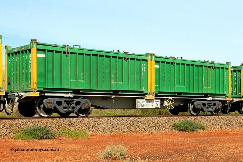 231020 8172
Parkeston, QQYY type 40' container waggon QQYY 57829 one of five hundred ordered by Aurizon and built by CRRC Yangtze Group of China in 2022. In service with two loaded 20' half height hard top 'rotainers' lettered CRM, for Cristal Mining before they were absorbed into Tronox, CRM 001634 with Cristal decal and yellow corner posts and CRM 000351 with Cristal decal and yellow corner posts, on Aurizon's Tronox mineral sands train 4UP1 from Ivanhoe / Broken Hill (NSW) to Kwinana (WA). 20th of October 2023.
Keywords: QQYY-type;QQYY57829;CRRC-Yangtze-Group-China;