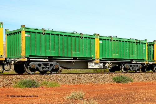 231020 8173
Parkeston, QQYY type 40' container waggon QQYY 57706 one of five hundred ordered by Aurizon and built by CRRC Yangtze Group of China in 2022. In service with two loaded 20' half height hard top 'rotainers' lettered CRM, for Cristal Mining before they were absorbed into Tronox, CRM 000132 with Cristal decal and yellow corner posts and CRM 001024 with Tronox decal and yellow corner posts, on Aurizon's Tronox mineral sands train 4UP1 from Ivanhoe / Broken Hill (NSW) to Kwinana (WA). 20th of October 2023.
Keywords: QQYY-type;QQYY57706;CRRC-Yangtze-Group-China;