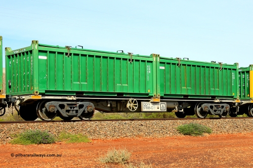 231020 8175
Parkeston, QQYY type 40' container waggon QQYY 57888 one of five hundred ordered by Aurizon and built by CRRC Yangtze Group of China in 2022. In service with two loaded 20' half height hard top 'rotainers' lettered CRM, for Cristal Mining before they were absorbed into Tronox, CRM 000379 with Tronox decal and CRM 000737 with Cristal decal, on Aurizon's Tronox mineral sands train 4UP1 from Ivanhoe / Broken Hill (NSW) to Kwinana (WA). October 20, 2023.
Keywords: QQYY-type;QQYY57888;CRRC-Yangtze-Group-China;