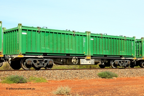 231020 8177
Parkeston, QQYY type 40' container waggon QQYY 57821 one of five hundred ordered by Aurizon and built by CRRC Yangtze Group of China in 2022. In service with two loaded 20' half height hard top 'rotainers' lettered CRM, for Cristal Mining before they were absorbed into Tronox, CRM 001708 with Tronox decal and CRM 000084 with Cristal decal, on Aurizon's Tronox mineral sands train 4UP1 from Ivanhoe / Broken Hill (NSW) to Kwinana (WA). October 20, 2023.
Keywords: QQYY-type;QQYY57821;CRRC-Yangtze-Group-China;