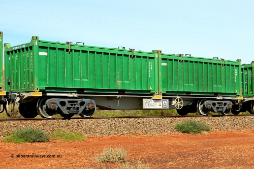 231020 8185
Parkeston, QQYY type 40' container waggon QQYY 57805 one of five hundred ordered by Aurizon and built by CRRC Yangtze Group of China in 2022. In service with two loaded 20' half height hard top 'rotainers' lettered CRM, for Cristal Mining before they were absorbed into Tronox, CRM 000329 with Tronox decal and CRM 000648 with Cristal decal, on Aurizon's Tronox mineral sands train 4UP1 from Ivanhoe / Broken Hill (NSW) to Kwinana (WA). 20th of October 2023.
Keywords: QQYY-type;QQYY57805;CRRC-Yangtze-Group-China;