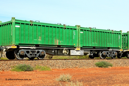 231020 8186
Parkeston, QQYY type 40' container waggon QQYY 57810 one of five hundred ordered by Aurizon and built by CRRC Yangtze Group of China in 2022. In service with two loaded 20' half height hard top 'rotainers' lettered CRM, for Cristal Mining before they were absorbed into Tronox, CRM 000511 with Tronox decal and CRM 001300 with Cristal decal, on Aurizon's Tronox mineral sands train 4UP1 from Ivanhoe / Broken Hill (NSW) to Kwinana (WA). October 20, 2023.
Keywords: QQYY-type;QQYY57810;CRRC-Yangtze-Group-China;