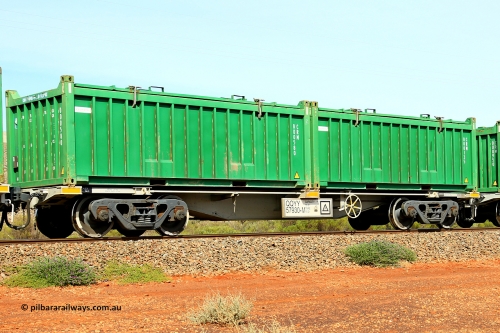 231020 8191
Parkeston, QQYY type 40' container waggon QQYY 57930 one of five hundred ordered by Aurizon and built by CRRC Yangtze Group of China in 2022. In service with two loaded 20' half height hard top 'rotainers' lettered CRM, for Cristal Mining before they were absorbed into Tronox, CRM 000135 with Cristal decal and CRM 000580 with Cristal decal, on Aurizon's Tronox mineral sands train 4UP1 from Ivanhoe / Broken Hill (NSW) to Kwinana (WA). October 20, 2023.
Keywords: QQYY-type;QQYY57930;CRRC-Yangtze-Group-China;