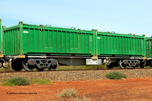 231020 8193
Parkeston, QQYY type 40' container waggon QQYY 57773 one of five hundred ordered by Aurizon and built by CRRC Yangtze Group of China in 2022. In service with two loaded 20' half height hard top 'rotainers' lettered CRM, for Cristal Mining before they were absorbed into Tronox, CRM 001035 with Tronox decal and CRM 000811 with Tronox decal, on Aurizon's Tronox mineral sands train 4UP1 from Ivanhoe / Broken Hill (NSW) to Kwinana (WA). October 20, 2023.
Keywords: QQYY-type;QQYY57773;CRRC-Yangtze-Group-China;