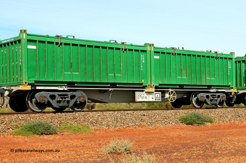 231020 8194
Parkeston, QQYY type 40' container waggon QQYY 57797 one of five hundred ordered by Aurizon and built by CRRC Yangtze Group of China in 2022. In service with two loaded 20' half height hard top 'rotainers' lettered CRM, for Cristal Mining before they were absorbed into Tronox, CRM 000466 with Cristal decal and CRM 001704 with Cristal decal, on Aurizon's Tronox mineral sands train 4UP1 from Ivanhoe / Broken Hill (NSW) to Kwinana (WA). 20th of October 2023.
Keywords: QQYY-type;QQYY57797;CRRC-Yangtze-Group-China;