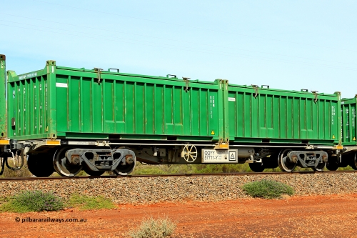 231020 8201
Parkeston, QQYY type 40' container waggon QQYY 57711 one of five hundred ordered by Aurizon and built by CRRC Yangtze Group of China in 2022. In service with two loaded 20' half height hard top 'rotainers' lettered CRM, for Cristal Mining before they were absorbed into Tronox, CRM 000344 with Tronox decal and CRM 001121 with Cristal decal, on Aurizon's Tronox mineral sands train 4UP1 from Ivanhoe / Broken Hill (NSW) to Kwinana (WA). October 20, 2023.
Keywords: QQYY-type;QQYY57711;CRRC-Yangtze-Group-China;