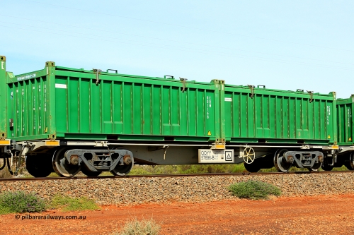 231020 8203
Parkeston, QQYY type 40' container waggon QQYY 57696 one of five hundred ordered by Aurizon and built by CRRC Yangtze Group of China in 2022. In service with two loaded 20' half height hard top 'rotainers' lettered CRM, for Cristal Mining before they were absorbed into Tronox, CRM 001458 with Tronox decal and CRM 001168 with Cristal decal, on Aurizon's Tronox mineral sands train 4UP1 from Ivanhoe / Broken Hill (NSW) to Kwinana (WA). October 20, 2023.
Keywords: QQYY-type;QQYY57696;CRRC-Yangtze-Group-China;