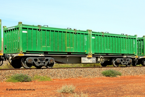 231020 8205
Parkeston, QQYY type 40' container waggon QQYY 57876 one of five hundred ordered by Aurizon and built by CRRC Yangtze Group of China in 2022. In service with two loaded 20' half height hard top 'rotainers' lettered CRM, for Cristal Mining before they were absorbed into Tronox, CRM 000187 with Cristal decal and CRM 001338 with Cristal decal, on Aurizon's Tronox mineral sands train 4UP1 from Ivanhoe / Broken Hill (NSW) to Kwinana (WA). October 20, 2023.
Keywords: QQYY-type;QQYY57876;CRRC-Yangtze-Group-China;