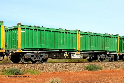 231020 8210
Parkeston, QQYY type 40' container waggon QQYY 57803 one of five hundred ordered by Aurizon and built by CRRC Yangtze Group of China in 2022. In service with two loaded 20' half height hard top 'rotainers' lettered CRM, for Cristal Mining before they were absorbed into Tronox, CRM 000578 with Tronox decal and yellow corner posts and CRM 001513 with Cristal decal and yellow corner posts, on Aurizon's Tronox mineral sands train 4UP1 from Ivanhoe / Broken Hill (NSW) to Kwinana (WA). 20th of October 2023.
Keywords: QQYY-type;QQYY57803;CRRC-Yangtze-Group-China;