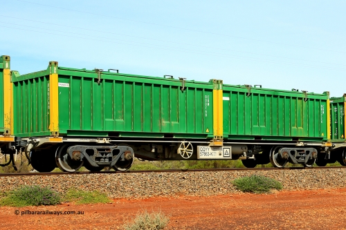 231020 8211
Parkeston, QQYY type 40' container waggon QQYY 57863 one of five hundred ordered by Aurizon and built by CRRC Yangtze Group of China in 2022. In service with two loaded 20' half height hard top 'rotainers' lettered CRM, for Cristal Mining before they were absorbed into Tronox, CRM 001726 with Cristal decal and yellow corner posts and CRM 000768 with Tronox decal and yellow corner posts, on Aurizon's Tronox mineral sands train 4UP1 from Ivanhoe / Broken Hill (NSW) to Kwinana (WA). October 20, 2023.
Keywords: QQYY-type;QQYY57863;CRRC-Yangtze-Group-China;