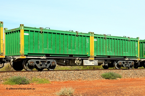 231020 8212
Parkeston, QQYY type 40' container waggon QQYY 57865 one of five hundred ordered by Aurizon and built by CRRC Yangtze Group of China in 2022. In service with two loaded 20' half height hard top 'rotainers' lettered CRM, for Cristal Mining before they were absorbed into Tronox, CRM 000610 with Tronox decal and yellow corner posts and CRM 001110 with Cristal decal and yellow corner posts, on Aurizon's Tronox mineral sands train 4UP1 from Ivanhoe / Broken Hill (NSW) to Kwinana (WA). 20th of October 2023.
Keywords: QQYY-type;QQYY57865;CRRC-Yangtze-Group-China;
