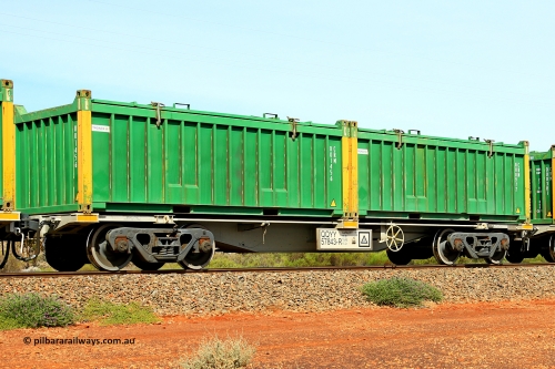 231020 8215
Parkeston, QQYY type 40' container waggon QQYY 57843 one of five hundred ordered by Aurizon and built by CRRC Yangtze Group of China in 2022. In service with two loaded 20' half height hard top 'rotainers' lettered CRM, for Cristal Mining before they were absorbed into Tronox, CRM 000977 with Tronox decal and yellow corner posts and CRM 001456 with Tronox decal and yellow corner posts, on Aurizon's Tronox mineral sands train 4UP1 from Ivanhoe / Broken Hill (NSW) to Kwinana (WA). 20th of October 2023.
Keywords: QQYY-type;QQYY57843;CRRC-Yangtze-Group-China;