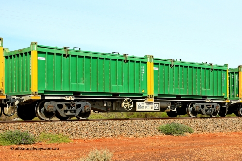 231020 8217
Parkeston, QQYY type 40' container waggon QQYY 57911 one of five hundred ordered by Aurizon and built by CRRC Yangtze Group of China in 2022. In service with two loaded 20' half height hard top 'rotainers' lettered CRM, for Cristal Mining before they were absorbed into Tronox, CRM 000830 with Tronox decal and yellow corner posts and CRM 000039 with Tronox decal and yellow corner posts, on Aurizon's Tronox mineral sands train 4UP1 from Ivanhoe / Broken Hill (NSW) to Kwinana (WA). 20th of October 2023.
Keywords: QQYY-type;QQYY57911;CRRC-Yangtze-Group-China;