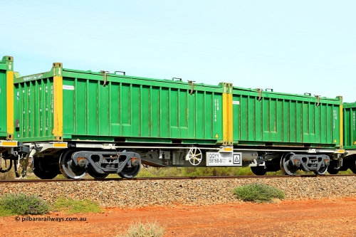 231020 8220
Parkeston, QQYY type 40' container waggon QQYY 58168 one of five hundred ordered by Aurizon and built by CRRC Yangtze Group of China in 2022. In service with two loaded 20' half height hard top 'rotainers' lettered CRM, for Cristal Mining before they were absorbed into Tronox, CRM 001129 with Tronox decal and yellow corner posts and CRM 001286 with Tronox decal and yellow corner posts, on Aurizon's Tronox mineral sands train 4UP1 from Ivanhoe / Broken Hill (NSW) to Kwinana (WA). October 20, 2023.
Keywords: QQYY-type;QQYY58168;CRRC-Yangtze-Group-China;