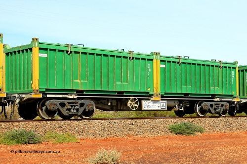 231020 8222
Parkeston, QQYY type 40' container waggon QQYY 57945 one of five hundred ordered by Aurizon and built by CRRC Yangtze Group of China in 2022. In service with two loaded 20' half height hard top 'rotainers' lettered CRM, for Cristal Mining before they were absorbed into Tronox, CRM 000245 with Tronox decal and yellow corner posts and CRM 001371 with Tronox decal and yellow corner posts, on Aurizon's Tronox mineral sands train 4UP1 from Ivanhoe / Broken Hill (NSW) to Kwinana (WA). 20th of October 2023.
Keywords: QQYY-type;QQYY57945;CRRC-Yangtze-Group-China;