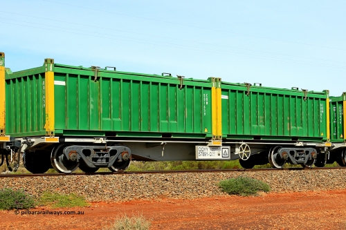231020 8227
Parkeston, QQYY type 40' container waggon QQYY 57891 one of five hundred ordered by Aurizon and built by CRRC Yangtze Group of China in 2022. In service with two loaded 20' half height hard top 'rotainers' lettered CRM, for Cristal Mining before they were absorbed into Tronox, CRM 000856 with Tronox decal and yellow corner posts and CRM 001659 with Cristal decal and yellow corner posts, on Aurizon's Tronox mineral sands train 4UP1 from Ivanhoe / Broken Hill (NSW) to Kwinana (WA). October 20, 2023.
Keywords: QQYY-type;QQYY57891;CRRC-Yangtze-Group-China;