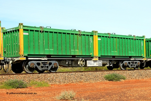 231020 8230
Parkeston, QQYY type 40' container waggon QQYY 57690 one of five hundred ordered by Aurizon and built by CRRC Yangtze Group of China in 2022. In service with two loaded 20' half height hard top 'rotainers' lettered CRM, for Cristal Mining before they were absorbed into Tronox, CRM 000966 with Tronox decal and yellow corner posts and CRM 001716 with Tronox decal and yellow corner posts, on Aurizon's Tronox mineral sands train 4UP1 from Ivanhoe / Broken Hill (NSW) to Kwinana (WA). 20th of October 2023.
Keywords: QQYY-type;QQYY57690;CRRC-Yangtze-Group-China;