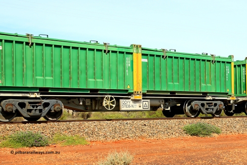 231020 8235
Parkeston, QQYY type 40' container waggon QQYY 57836 one of five hundred ordered by Aurizon and built by CRRC Yangtze Group of China in 2022. In service with two loaded 20' half height hard top 'rotainers' lettered CRM, for Cristal Mining before they were absorbed into Tronox, CRM 001064 with Tronox decal and yellow corner posts and CRM 000783 with Tronox decal and yellow corner posts, on Aurizon's Tronox mineral sands train 4UP1 from Ivanhoe / Broken Hill (NSW) to Kwinana (WA). October 20, 2023.
Keywords: QQYY-type;QQYY57836;CRRC-Yangtze-Group-China;