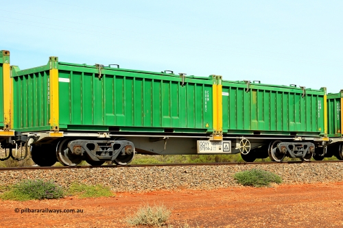 231020 8236
Parkeston, QQYY type 40' container waggon QQYY 57914 one of five hundred ordered by Aurizon and built by CRRC Yangtze Group of China in 2022. In service with two loaded 20' half height hard top 'rotainers' lettered CRM, for Cristal Mining before they were absorbed into Tronox, CRM 000469 with Tronox decal and yellow corner posts and CRM 000882 with Cristal decal and yellow corner posts, on Aurizon's Tronox mineral sands train 4UP1 from Ivanhoe / Broken Hill (NSW) to Kwinana (WA). October 20, 2023.
Keywords: QQYY-type;QQYY57914;CRRC-Yangtze-Group-China;