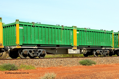 231020 8238
Parkeston, QQYY type 40' container waggon QQYY 57847 one of five hundred ordered by Aurizon and built by CRRC Yangtze Group of China in 2022. In service with two loaded 20' half height hard top 'rotainers' lettered CRM, for Cristal Mining before they were absorbed into Tronox, CRM 001044 with Cristal decal and yellow corner posts and CRM 000336 with Tronox decal and yellow corner posts, on Aurizon's Tronox mineral sands train 4UP1 from Ivanhoe / Broken Hill (NSW) to Kwinana (WA). October 20, 2023.
Keywords: QQYY-type;QQYY57847;CRRC-Yangtze-Group-China;
