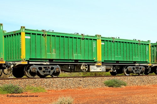 231020 8242
Parkeston, QQYY type 40' container waggon QQYY 57789 one of five hundred ordered by Aurizon and built by CRRC Yangtze Group of China in 2022. In service with two loaded 20' half height hard top 'rotainers' lettered CRM, for Cristal Mining before they were absorbed into Tronox, CRM 000803 with Tronox decal and yellow corner posts and CRM 000459 with Tronox decal and yellow corner posts, on Aurizon's Tronox mineral sands train 4UP1 from Ivanhoe / Broken Hill (NSW) to Kwinana (WA). 20th of October 2023.
Keywords: QQYY-type;QQYY57789;CRRC-Yangtze-Group-China;