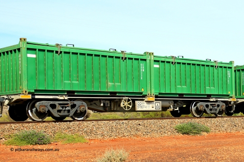 231020 8243
Parkeston, QQYY type 40' container waggon QQYY 57807 one of five hundred ordered by Aurizon and built by CRRC Yangtze Group of China in 2022. In service with two loaded 20' half height hard top 'rotainers' lettered CRM, for Cristal Mining before they were absorbed into Tronox, CRM 001361 with Cristal decal and CRM 000330 with Cristal decal, on Aurizon's Tronox mineral sands train 4UP1 from Ivanhoe / Broken Hill (NSW) to Kwinana (WA). October 20, 2023.
Keywords: QQYY-type;QQYY57807;CRRC-Yangtze-Group-China;