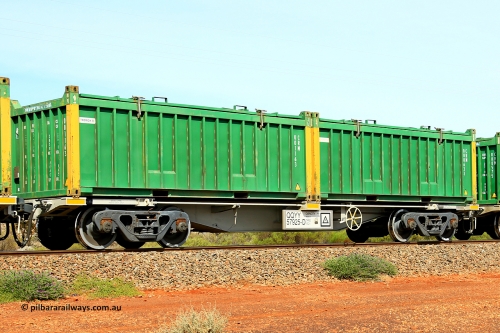 231020 8246
Parkeston, QQYY type 40' container waggon QQYY 57925 one of five hundred ordered by Aurizon and built by CRRC Yangtze Group of China in 2022. In service with two loaded 20' half height hard top 'rotainers' lettered CRM, for Cristal Mining before they were absorbed into Tronox, CRM 000633 with Cristal decal and yellow corner posts and CRM 001163 with Tronox decal and yellow corner posts, on Aurizon's Tronox mineral sands train 4UP1 from Ivanhoe / Broken Hill (NSW) to Kwinana (WA). October 20, 2023.
Keywords: QQYY-type;QQYY57925;CRRC-Yangtze-Group-China;