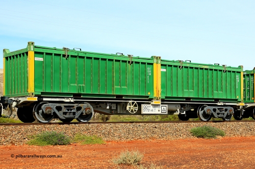 231020 8247
Parkeston, QQYY type 40' container waggon QQYY 57751 one of five hundred ordered by Aurizon and built by CRRC Yangtze Group of China in 2022. In service with two loaded 20' half height hard top 'rotainers' lettered CRM, for Cristal Mining before they were absorbed into Tronox, CRM 001229 with Tronox decal and yellow corner posts and CRM 001671 with Tronox decal and yellow corner posts, on Aurizon's Tronox mineral sands train 4UP1 from Ivanhoe / Broken Hill (NSW) to Kwinana (WA). October 20, 2023.
Keywords: QQYY-type;QQYY57751;CRRC-Yangtze-Group-China;