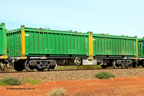 231020 8249
Parkeston, QQYY type 40' container waggon QQYY 57849 one of five hundred ordered by Aurizon and built by CRRC Yangtze Group of China in 2022. In service with two loaded 20' half height hard top 'rotainers' lettered CRM, for Cristal Mining before they were absorbed into Tronox, CRM 000045 with Tronox decal and yellow corner posts and CRM 000075 with Tronox decals and yellow corner posts, on Aurizon's Tronox mineral sands train 4UP1 from Ivanhoe / Broken Hill (NSW) to Kwinana (WA). 20th of October 2023.
Keywords: QQYY-type;QQYY57849;CRRC-Yangtze-Group-China;