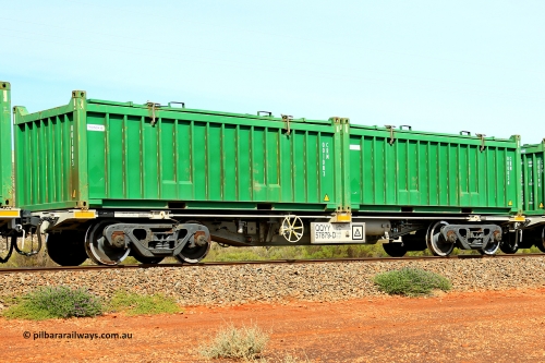 231020 8253
Parkeston, QQYY type 40' container waggon QQYY 57879 one of five hundred ordered by Aurizon and built by CRRC Yangtze Group of China in 2022. In service with two loaded 20' half height hard top 'rotainers' lettered CRM, for Cristal Mining before they were absorbed into Tronox, CRM 000036 with Cristal decal and CRM 001083 with Tronox decal, on Aurizon's Tronox mineral sands train 4UP1 from Ivanhoe / Broken Hill (NSW) to Kwinana (WA). 20th of October 2023.
Keywords: QQYY-type;QQYY57879;CRRC-Yangtze-Group-China;