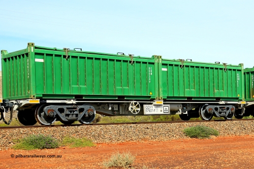 231020 8254
Parkeston, QQYY type 40' container waggon QQYY 57907 one of five hundred ordered by Aurizon and built by CRRC Yangtze Group of China in 2022. In service with two loaded 20' half height hard top 'rotainers' lettered CRM, for Cristal Mining before they were absorbed into Tronox, CRM 000623 with Cristal decal and CRM 000349 with Cristal decal, on Aurizon's Tronox mineral sands train 4UP1 from Ivanhoe / Broken Hill (NSW) to Kwinana (WA). October 20, 2023.
Keywords: QQYY-type;QQYY57907;CRRC-Yangtze-Group-China;