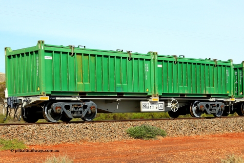231020 8256
Parkeston, QQYY type 40' container waggon QQYY 57698 one of five hundred ordered by Aurizon and built by CRRC Yangtze Group of China in 2022. In service with two loaded 20' half height hard top 'rotainers' lettered CRM, for Cristal Mining before they were absorbed into Tronox, CRM 001126 with Cristal decal and CRM 000165 with Tronox decal, on Aurizon's Tronox mineral sands train 4UP1 from Ivanhoe / Broken Hill (NSW) to Kwinana (WA). October 20, 2023.
Keywords: QQYY-type;QQYY57698;CRRC-Yangtze-Group-China;