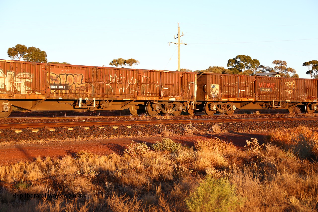 160522 2032
Parkeston, 5MP2 steel train, RKCX type open waggon RKCX 1109, built by Victorian Railways Bendigo Workshops in 1978 as VOCX type open waggon, recoded to VOCY in 1980, back to VOCX in 1982, then to NRC in 1994 as ROBX, current code from 1995.
Keywords: RKCX-type;RKCX1109;Victorian-Railways-Bendigo-WS;VOCX-type;VOCY-type;ROBX-type;