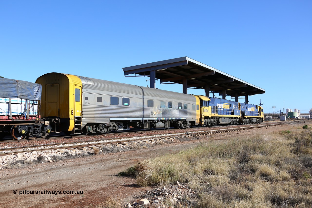 160522 2124
Parkeston, 6MP4 intermodal train departs for Kalgoorlie and Perth, view of crew accommodation coach RZAY 283, built by Comeng NSW in 1972 as type ARJ stainless steel, air conditioned, first class roomette sleeping coach.
Keywords: RZAY-type;RZAY283;Comeng-NSW;ARJ-type;NR-class;NR90;Goninan;GE;Cv40-9i;7250-05/97-293;NR101;7250-07/97-303;