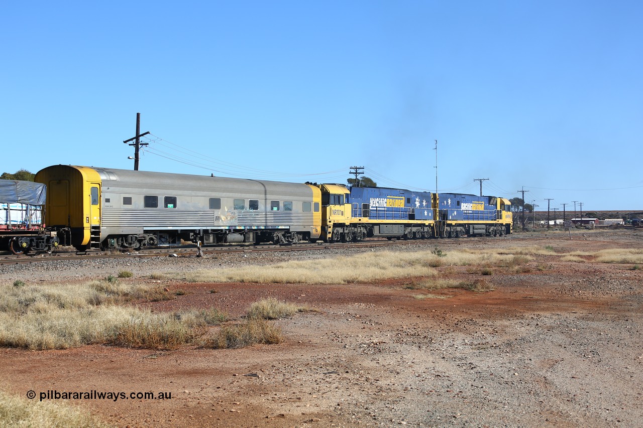 160522 2125
Parkeston, 6MP4 intermodal train departs for Kalgoorlie and Perth, view of crew accommodation coach RZAY 283, built by Comeng NSW in 1972 as type ARJ stainless steel, air conditioned, first class roomette sleeping coach.
Keywords: RZAY-type;RZAY283;Comeng-NSW;ARJ-type;NR-class;NR90;Goninan;GE;Cv40-9i;7250-05/97-293;NR101;7250-07/97-303;