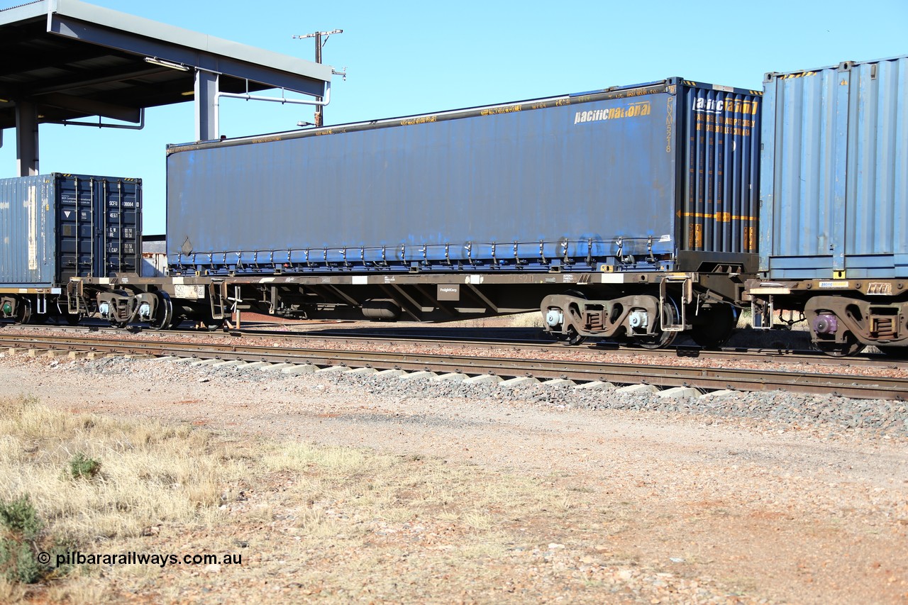 160522 2152
Parkeston, 6MP4 intermodal train, NQKY 34633 container waggon was originally built in a batch of two hundred CDY type open waggons by EPT (Electric Power Transmission) NSW between 1975 and 1976. Recoded to NOCY then modified in 1997 to NQKY. Loaded with a Pacific National 48' curtainsider container PNXM 5218.
Keywords: NQKY-type;NQKY34633;EPT-NSW;CDY-type;NOCY-type;