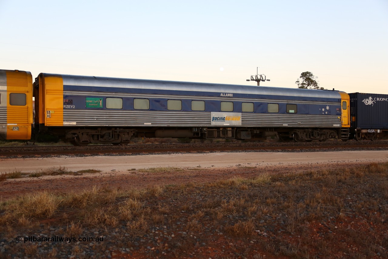 160523 2712
Parkeston, train 1PM5 crew accommodation coach RZEY 2 'ALLAMBI' built by South Australian Railways Islington Workshops in 1972 as a corten steel roomette sleeper Allambi to replace original, coded in 1987 as JRB 1.
Keywords: RZEY-type;RZEY2;SAR-Islington-WS;JRB-type;JRB1;Allambi;